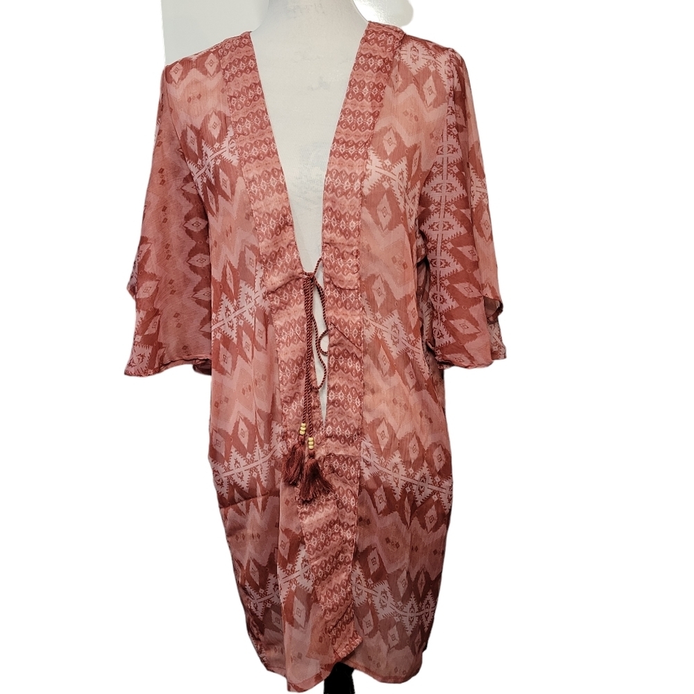 Steve Madden Boho Kimono Cardigan One‎ Size Pink Tribal Print Tie Front NWT
